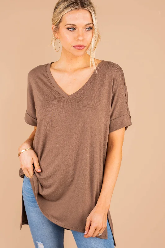 silk women's topsMake Your Life Easy Mocha Brown V-Neck Top