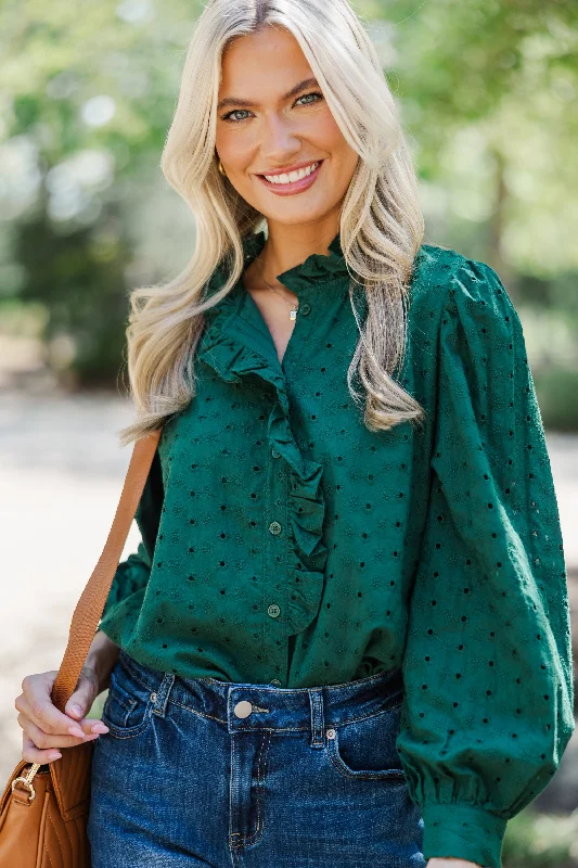 women's tops with bell sleevesIt's All True Pine Green Eyelet Blouse