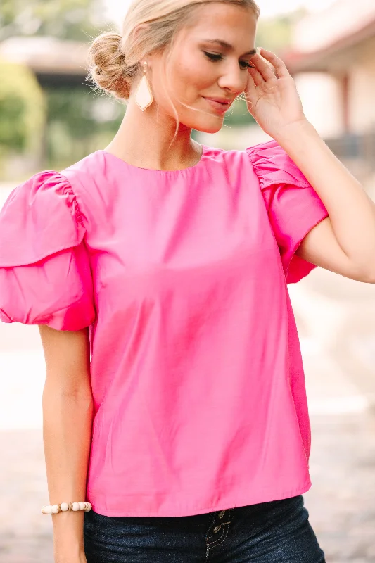 women's tops for relaxed weekendsLooking For You Fuchsia Pink Puff Sleeve Blouse