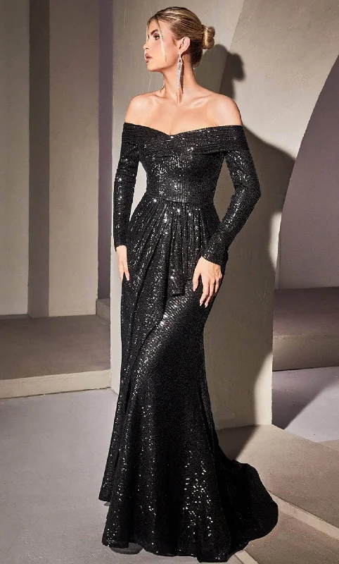 women's metallic dressesCinderella Divine CH135 - Off-Shoulder Sequin Evening Gown