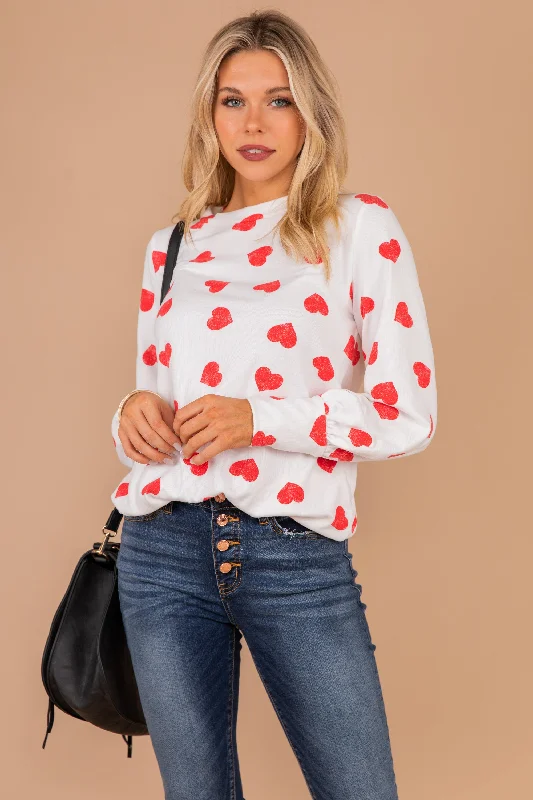 women's tops for those who love bold and vibrant colorsGreat Hearts Think Alike Ivory White Heart Print Top