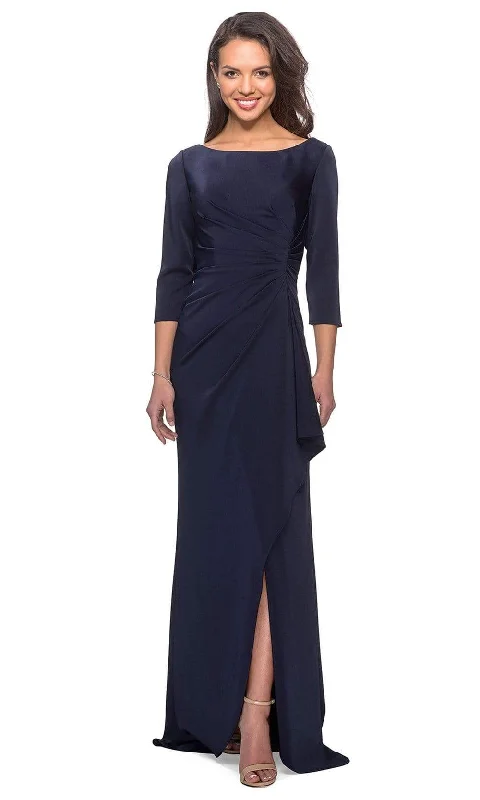 women's mother of the bride dressesLa Femme 28197SC - Quarter Sleeve Draped Slit Evening Dress