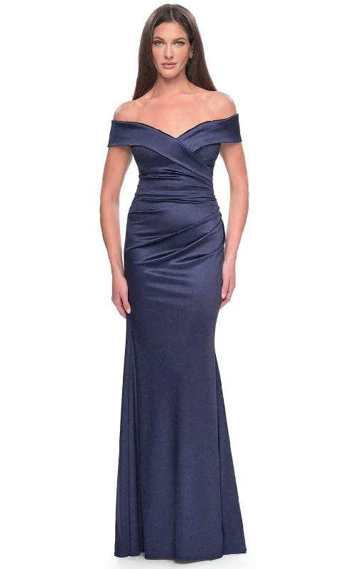 women's apple-shaped body dressesLa Femme 31621SC - Off Shoulder Wrap Style Evening Dress