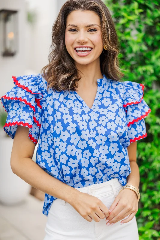 women's tops with cold-shoulder cutsWaiting For You Blue Floral Rickrack Blouse