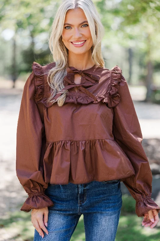 women's tops with geometric patternsJust A Thought Brown Bow Blouse