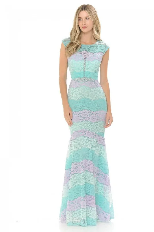 Elegant DressLenovia - 5221SC Sheer Lace Color Block Trumpet Evening Gown