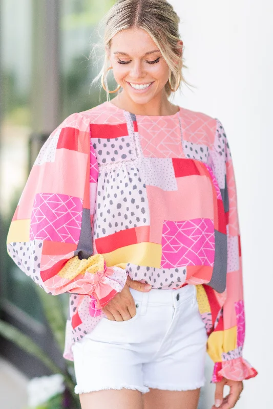 women's tops with cinched waistsDo Your Best Pink Abstract Patchwork Blouse