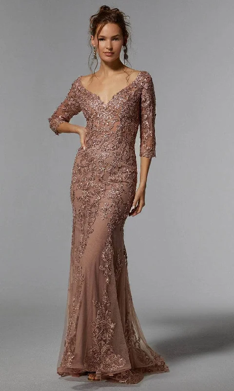 Metallic DressMGNY by Mori Lee 72940SC - Embroidered V-Neck Evening Dress