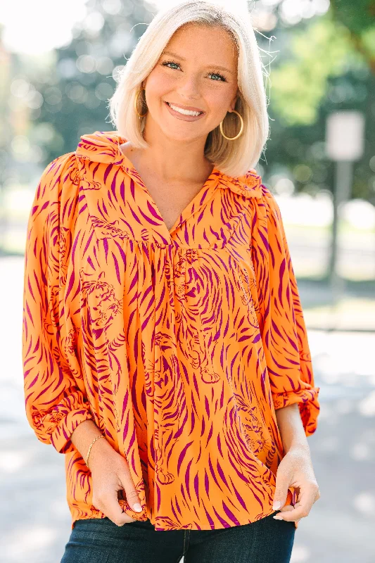 women's tops with unique designsThe Morgan Orange And Purple Tiger Blouse