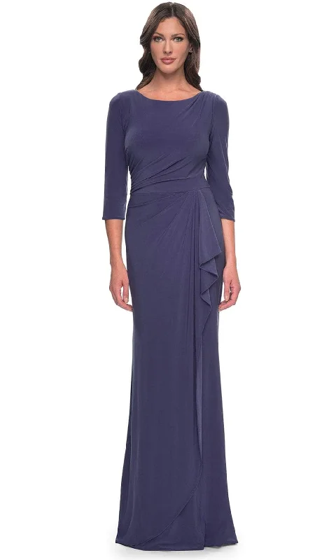 women's flowy dressesLa Femme 30814SC - Quarter Sleeve V-Back Evening Dress