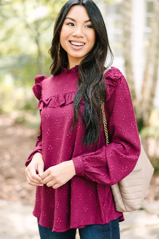 women's tops for mixing and matching with different bottomsRomantic History Burgundy Red Ruffled Blouse