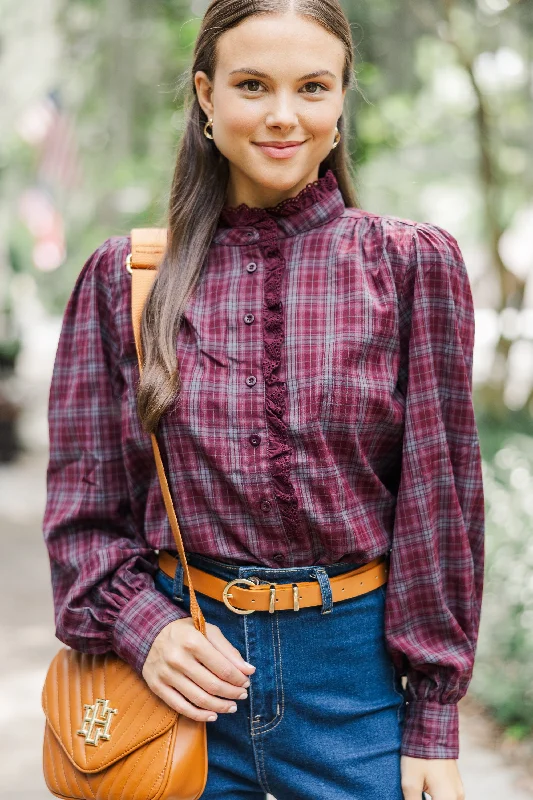 luxury women's topsLeave It All Behind Wine Red Plaid Blouse