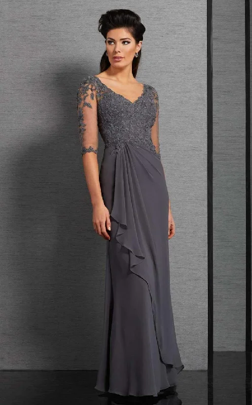 Bell-Sleeve DressClarisse Floral Lace Ruched Evening Gown 6314 - 1 pc Pewter In Size 18 Available