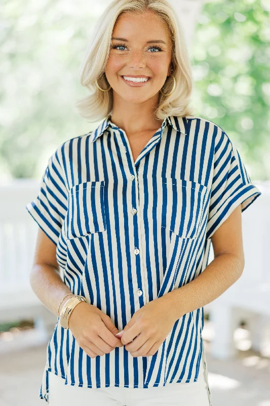 women's tops for those who love bold and vibrant colorsHelp You Out Navy Blue Striped Blouse