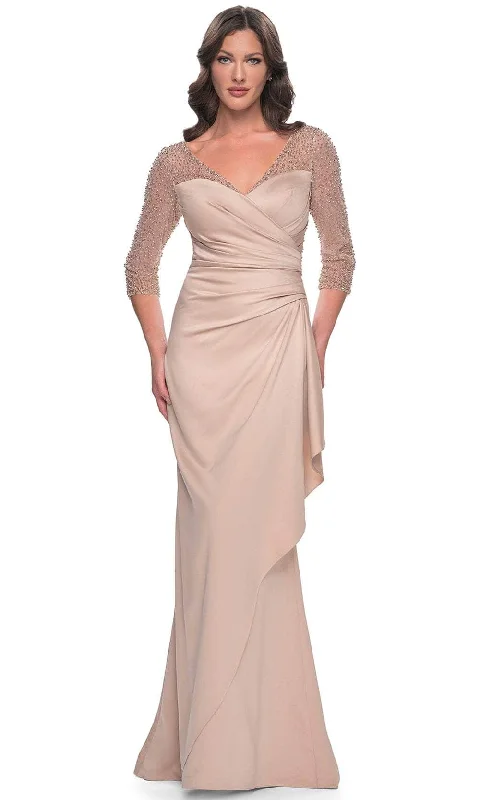 women's pastel dressesLa Femme 31011SC - V-Neck Wrap Bodice Evening Gown