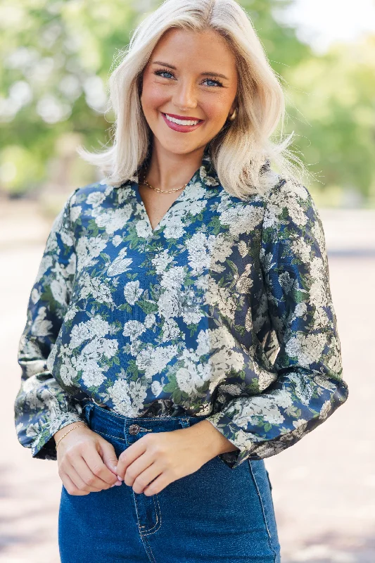 women's tops with sleeveless designsOn Your Mind Navy Blue Floral Brocade Blouse