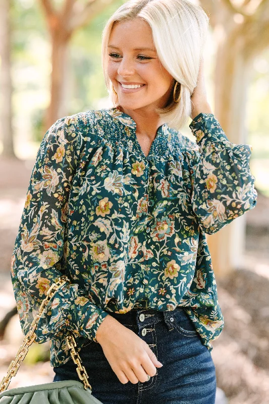 elegant women's topsFate: Falling For You Hunter Green Floral Blouse