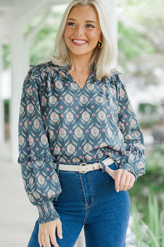 women's tops for casual FridaysAll Worth It Navy Blue Medallion Blouse