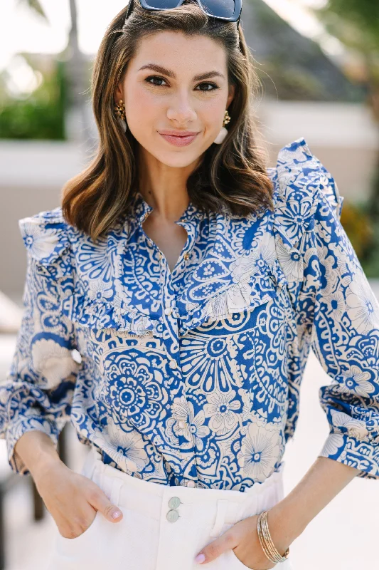 striped women's topsKeep It Up Blue Floral Ruffled L/S Blouse