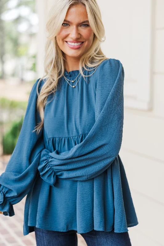 women's tops with ruffled hemsMaking Moves Teal Blue Ruffled Blouse