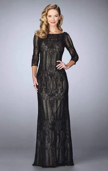 Retro DressLa Femme 24855 - Quarter Sleeve Patterned Lace Evening Gown