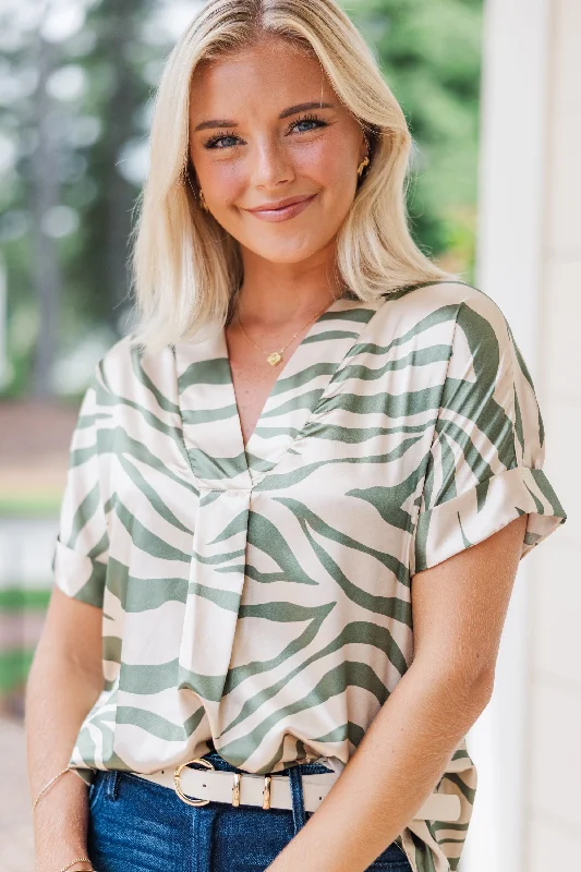 women's tops for those who want to invest in timeless piecesIn Your Dreams Olive Green Zebra Blouse