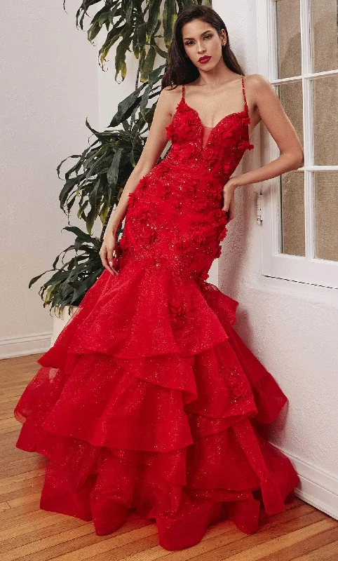 Velveteen DressCinderella Divine CM329 - Floral Embellished Mermaid with Tiers Evening Dress