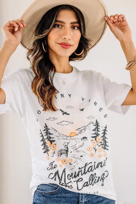 women's tops with cinched waistsThe Mountains Are Calling White Graphic Tee