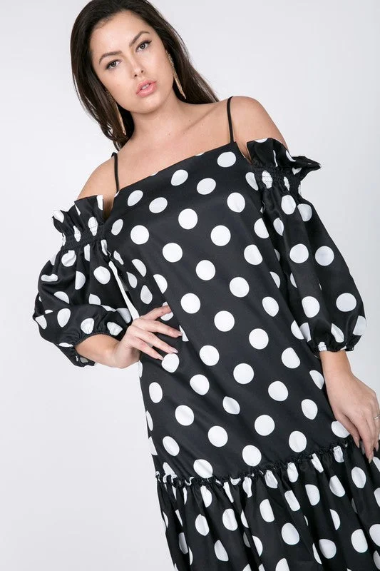 Satin DressCold Shoulder Dot Midi Dress