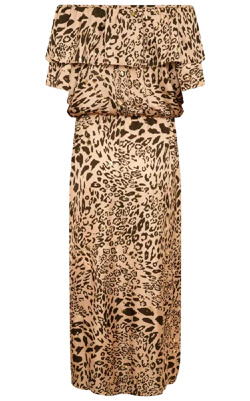 Beaded DressNAIA Leopard Halle Bardot Frill Maxi Dress Golden Leopard UK M