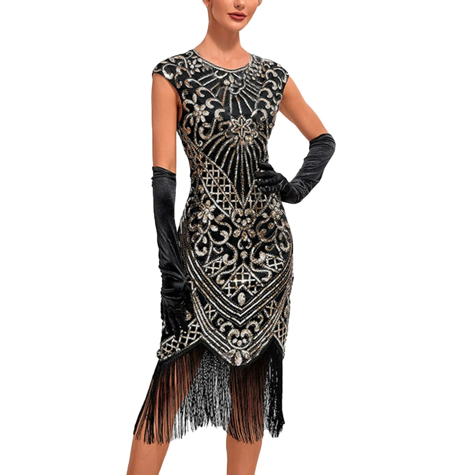 women's beach dressesJuliaFashion - Knee Length Flapper Tassels Hem Sequined Great Gatsby Midi Dress