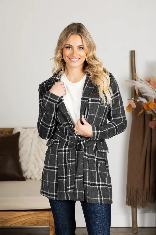 women's trench coatsGrey Plaid Print Belted Jacket