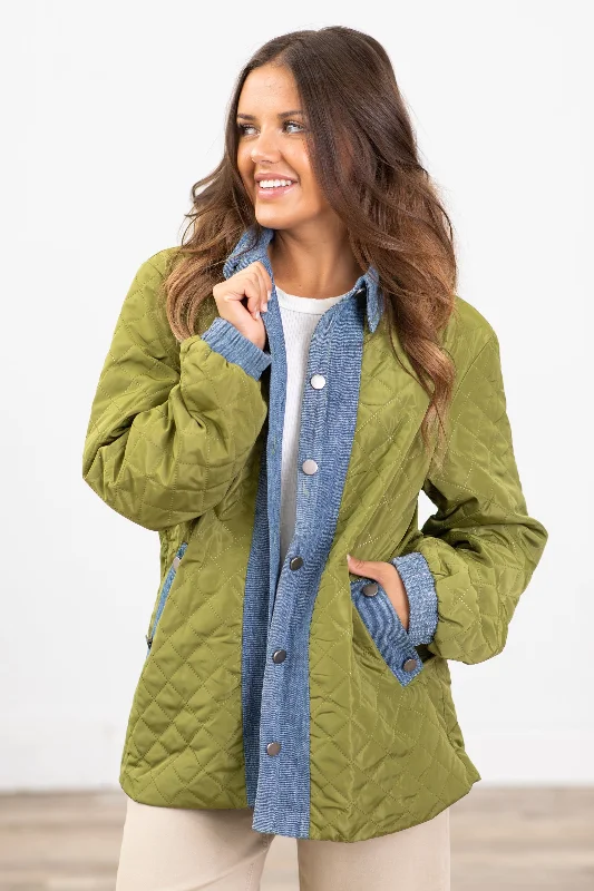 women's coats for petite womenOlive Quilted Jacket With Denim Trim Detail