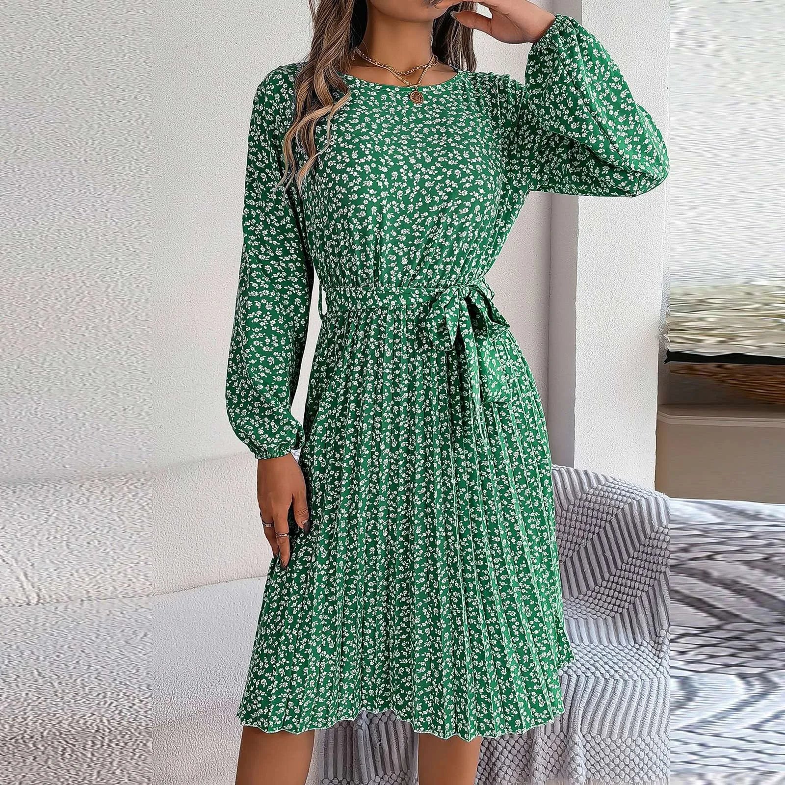 women's short-sleeved dressesJuliaFashion - Women's Retro Floral Print Pleated Casual Long Sleeved Wide Hem Midi Elegant Round Neck Lace Up Casual Dress