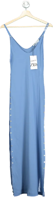 women's spaghetti strap dressesZara Blue Button-Down Side Split Maxi Dress S