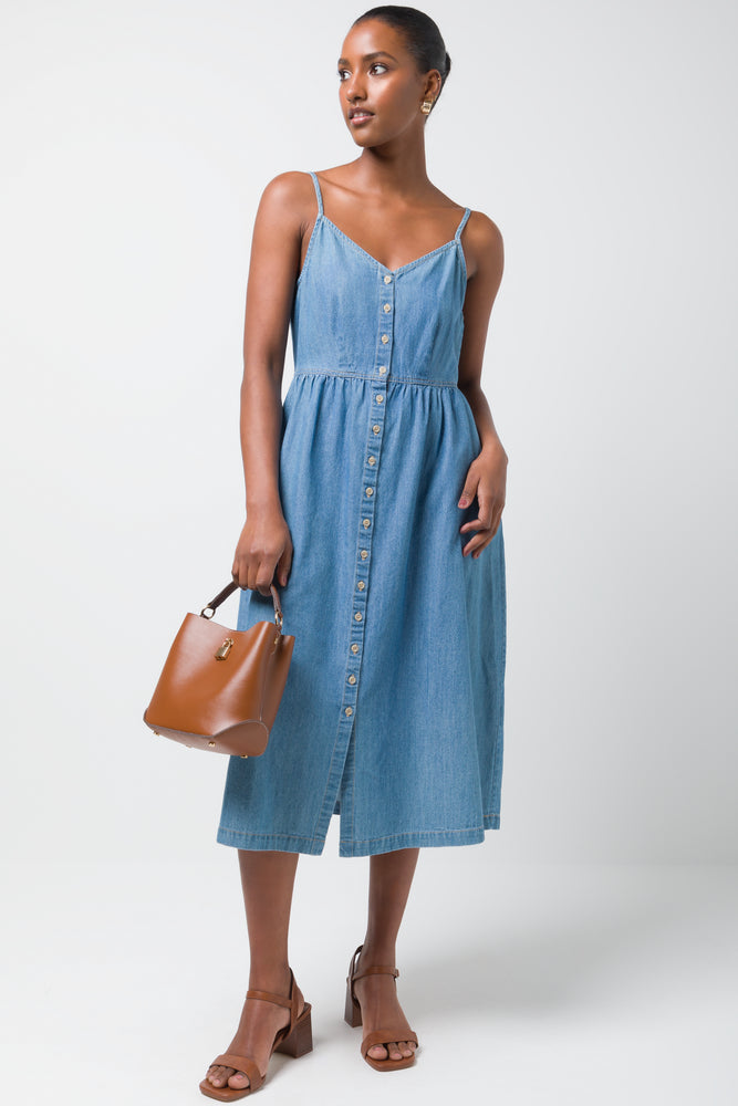 Sweetheart Neckline DressStrappy Denim Midi Dressss Blue