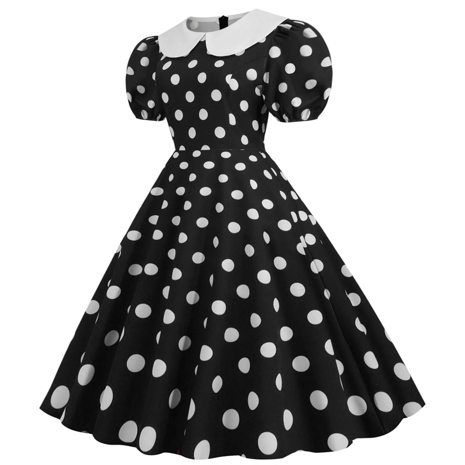 women's empire waist dressesJuliaFashion - Women Summer Polka Dot Print Short Sleeve Peter Pan Collar Casual Loose Party Vintage Midi Swing Robe Femme Dress