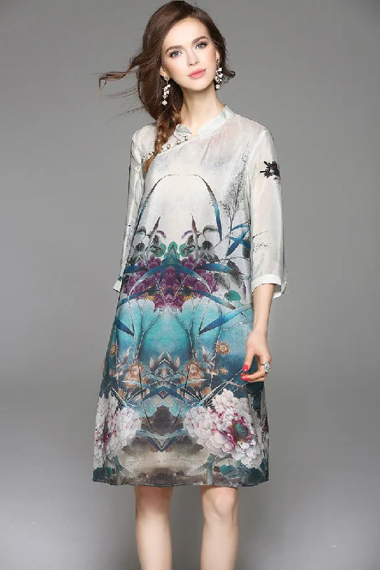 Bow-Tie DressFloral Print Slit Silk Midi Dress