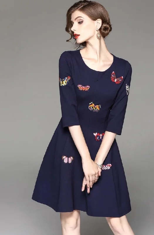 Short-Sleeve DressButterfly Embroidered Midi Dress