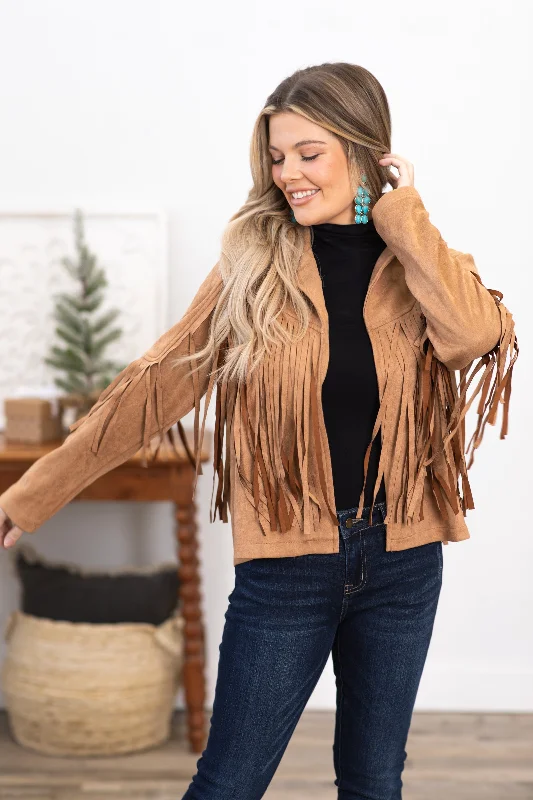 women's coats for smart casual looksCamel Vegan Suede Jacket With Fringe