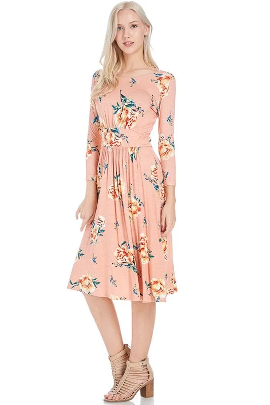 women's stretchy dressesFloral Flowing Midi Dress w/ Pleats