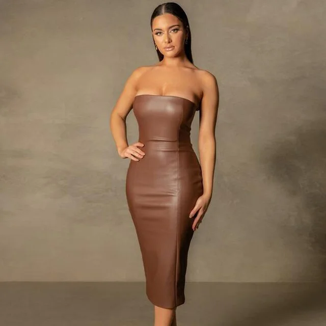 Empire DressJuliaFashion - 2024 Strapless Stretch PU Bodycon Midi Dress