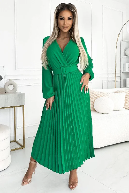 women's empire waist dressesNumoco Basic 504-4 VIVIANA Pleated midi dress with a neckline, long sleeves and a wide belt - light green