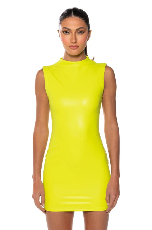 women's body-skimming dressesULTRA LUX FAUX LEATHER MOCK NECK MINI DRESS IN LIME GREEN