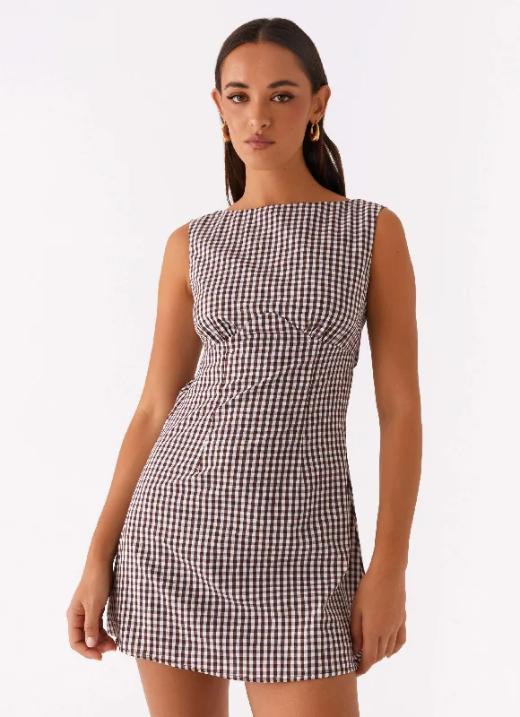 women's minimalist dressesLotus Tie Back Mini Dress - Chocolate Gingham