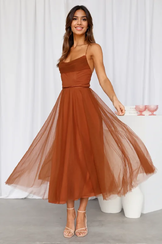 women's cold-shoulder dressesSignal My Way Tulle Midi Dress Chocolate