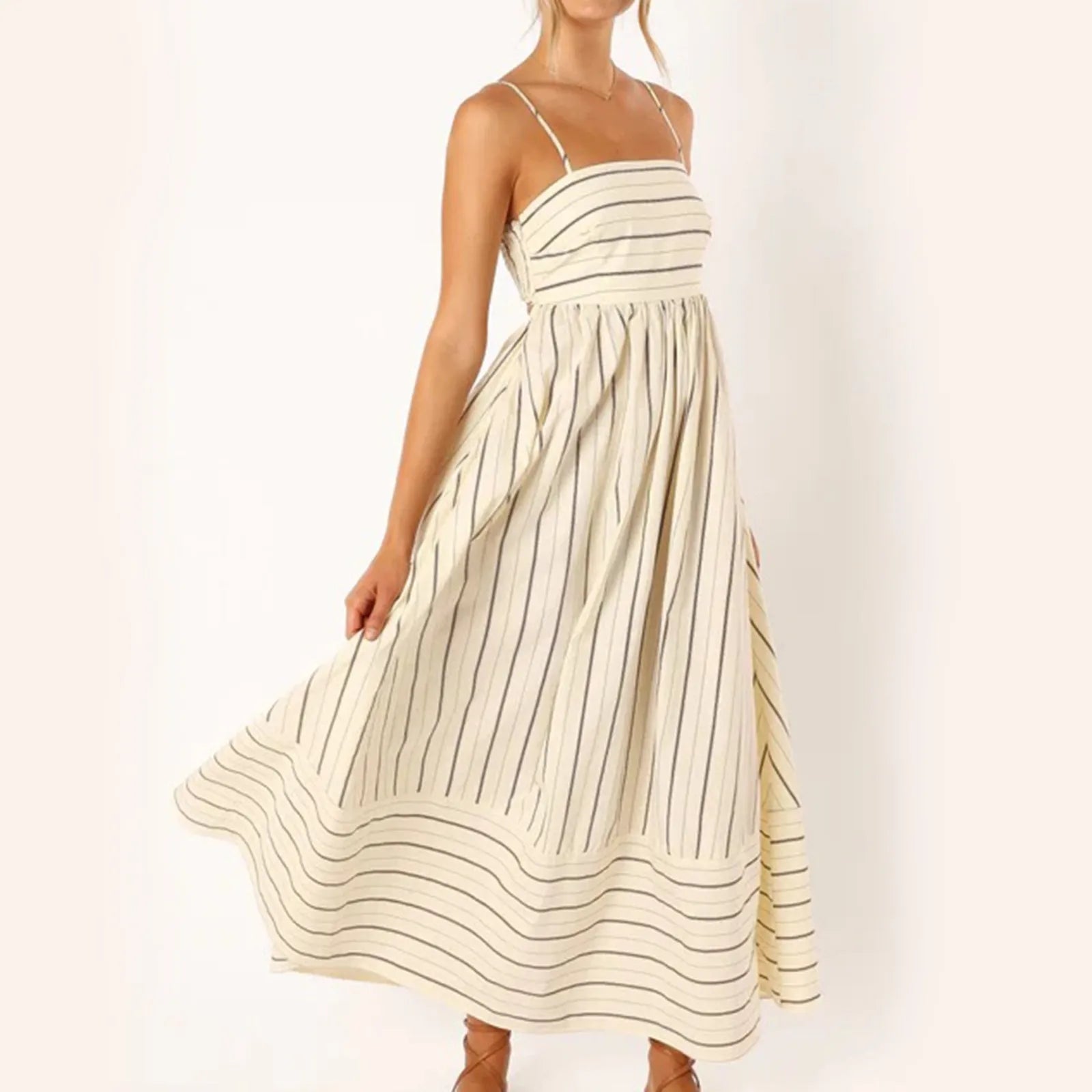 women's maxi dressesJuliaFashion - New Striped For Women 2024 Sleeveless Suspender Backless Swing A-Line Back Hollow Out Casual Midi For Women Dress