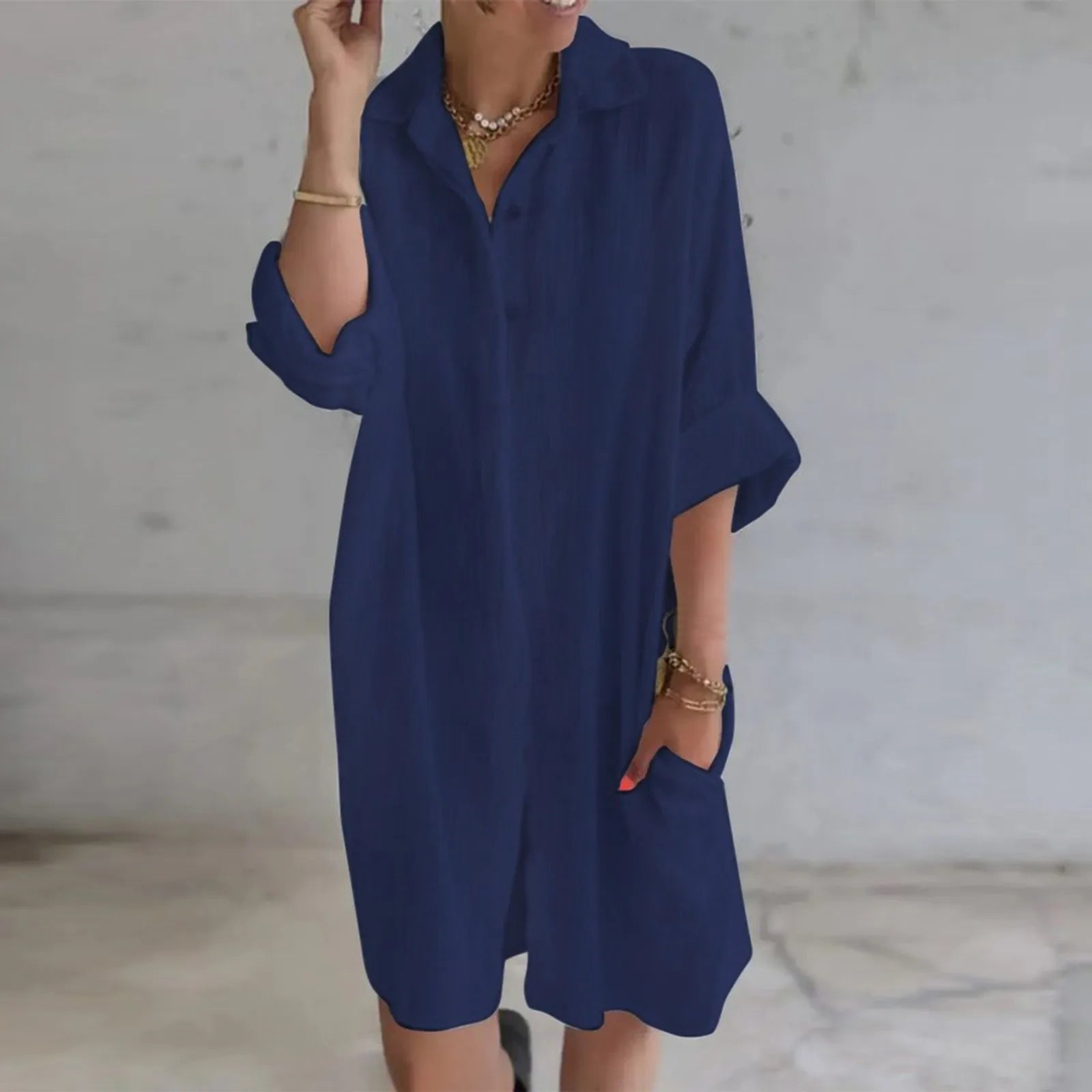 women's striped dressesJuliaFashion - Women's Casual Loose Solid Color Cotton Linen Pockets Long Shirt Female Casual Elegant Loose Midi Harajuku Dress