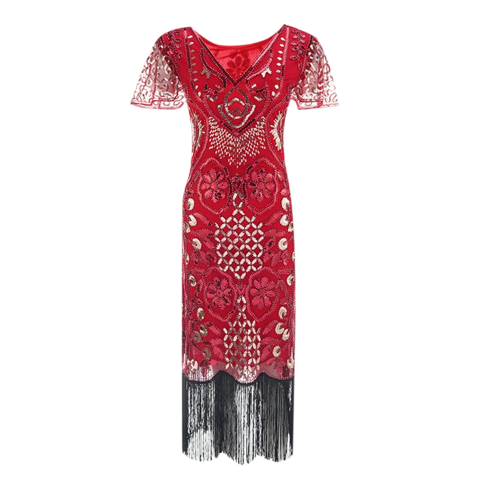 women's silk dressesJuliaFashion - Women's Sequin Beaded Flapper 20s Great Gatsby Fringed Sequin Lady V-Neck Petal Sleeve Embroidery Midi Dress