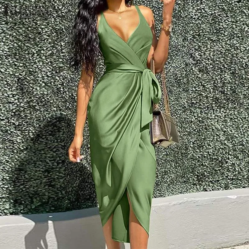 Backless DressJuliaFashion - 2024 V-Neck Slip High Waist Satin Midi Dresses